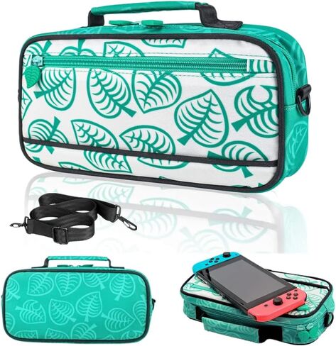 حقيبة سفر من سويتش - حقيبة كتف محمولة لجهاز نينتيندو سويتش [تصميم نيو ليف كروسينج] وحدة تحكم مفاتيح للتخزين، قاعد، كابل شحن، مقبض جوي كون، تحمل ما يصل إلى 10 فتحات لبطاقات اللعب. in Kuwait