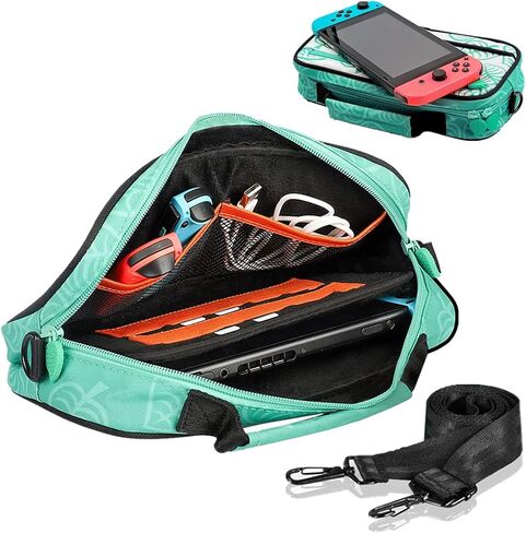 حقيبة سفر من سويتش - حقيبة كتف محمولة لجهاز نينتيندو سويتش [تصميم نيو ليف كروسينج] وحدة تحكم مفاتيح للتخزين، قاعد، كابل شحن، مقبض جوي كون، تحمل ما يصل إلى 10 فتحات لبطاقات اللعب. in Kuwait