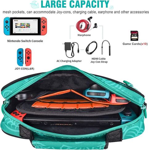 حقيبة سفر من سويتش - حقيبة كتف محمولة لجهاز نينتيندو سويتش [تصميم نيو ليف كروسينج] وحدة تحكم مفاتيح للتخزين، قاعد، كابل شحن، مقبض جوي كون، تحمل ما يصل إلى 10 فتحات لبطاقات اللعب. in Kuwait