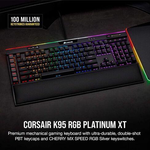 لوحة مفاتيح الألعاب الميكانيكية Corsair K95 RGB Platinum XT، بإضاءة خلفية RGB LED، CHERRY MX SPEED RGB فضي، أسود (متجدد) in Kuwait