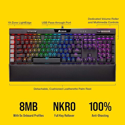 لوحة مفاتيح الألعاب الميكانيكية Corsair K95 RGB Platinum XT، بإضاءة خلفية RGB LED، CHERRY MX SPEED RGB فضي، أسود (متجدد) in Kuwait