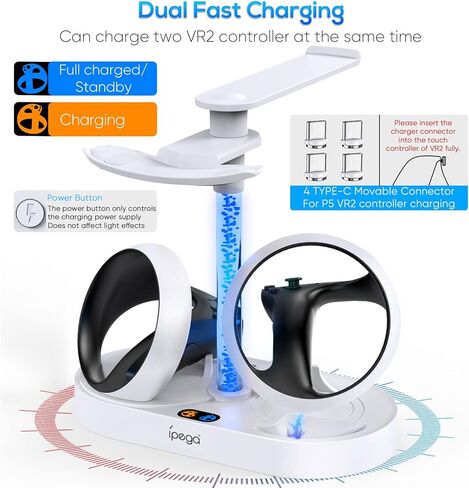 محطة شحن لوحدة التحكم PS VR2، حامل شاحن وحدة التحكم السريع وحامل سماعة الرأس لملحقات Playstation VR2 مع شريط إضاءة RGB، حامل سماعة رأس VR2، 4 موصلات مغناطيسية وكابل USB C in Kuwait