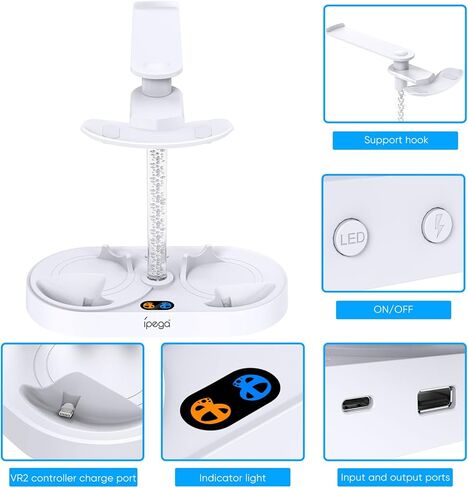 محطة شحن لوحدة التحكم PS VR2، حامل شاحن وحدة التحكم السريع وحامل سماعة الرأس لملحقات Playstation VR2 مع شريط إضاءة RGB، حامل سماعة رأس VR2، 4 موصلات مغناطيسية وكابل USB C in Kuwait