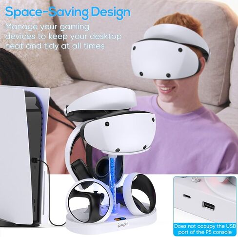 محطة شحن لوحدة التحكم PS VR2، حامل شاحن وحدة التحكم السريع وحامل سماعة الرأس لملحقات Playstation VR2 مع شريط إضاءة RGB، حامل سماعة رأس VR2، 4 موصلات مغناطيسية وكابل USB C in Kuwait