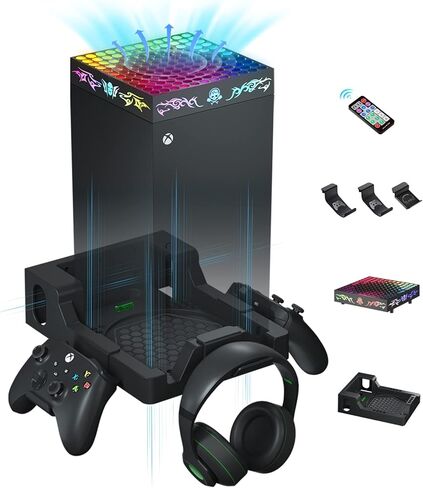 Wiilkac Upgrade Wall Mount Kit with Cooling Fan for Xbox Series X, 200+RGB Light Effects Remote Control, Wall Shelf Cooling Accessories Safely Store with 2 Controller Holder & Headset Hook - Black in Kuwait