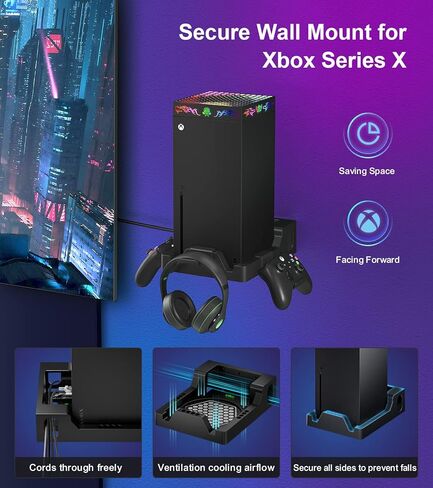 Wiilkac Upgrade Wall Mount Kit with Cooling Fan for Xbox Series X, 200+RGB Light Effects Remote Control, Wall Shelf Cooling Accessories Safely Store with 2 Controller Holder & Headset Hook - Black in Kuwait