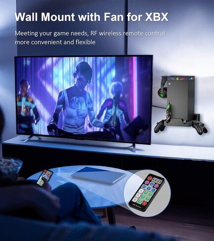 Wiilkac Upgrade Wall Mount Kit with Cooling Fan for Xbox Series X, 200+RGB Light Effects Remote Control, Wall Shelf Cooling Accessories Safely Store with 2 Controller Holder & Headset Hook - Black in Kuwait