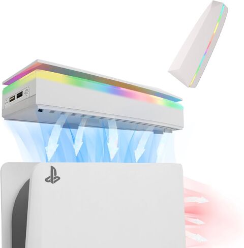 Dustproof PS5 Cooling Fan, JDGPOKOO PS5 Fan with 7 Modes RGB Light, Low Noise Cooler for Playstation 5 Digital & Disc Edition, 3 Speed 4000/4200/4500RPM, Independent Touch Switch, 2 USB Port (White) in Kuwait