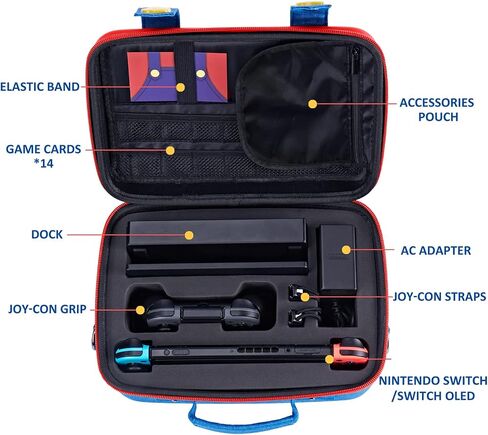 FUNLAB Switch Carrying Case Compatible with Nintendo Switch/OLED, Hard Shell Switch Case Cute Switch Travel Case with 14 Games Holder for Switch and Accessories - Red & Blue in Kuwait