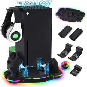 Narati Cooling Fan Stand and Charger Station for Xbox Series X- LED Stand with RGB Lights- 1400mAh Rechargeable Batteries- Dual Cooling Charging Dock Accessories with Headset Hook for Xbox Series X in Saudi Arabia