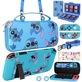 Xinocy for Nintendo Switch 9 in 1 Storage Accessories Kit with Travel Carrying Case+Switch Protective Cover+Game Case Holder+Strap+Sticker+2 Joycon Shells+2 Thumb Caps Cute for Boys Kids Girls -Stit
