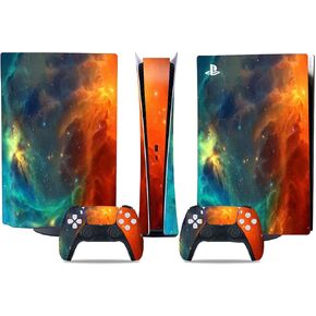 PS5 Console Skin and Controller Skin Set | Orange Starry Universe | Matte Finish Vinyl Wrap Sticker Full Decal Skins | Compatible with Sony Playstation 5 Disc Version