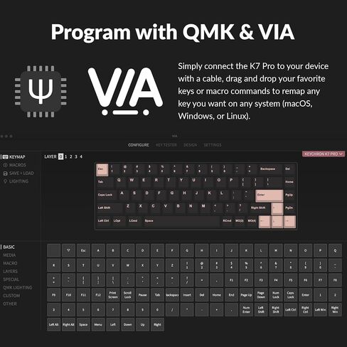 لوحة مفاتيح ميكانيكية لاسلكية Keychron K7 Pro QMK/VIA فائقة النحافة، لوحة مفاتيح سلكية ماكرو قابلة للبرمجة بنسبة 65% مع مفتاح Gateron أحمر منخفض المستوى وإضاءة خلفية LED بيضاء لنظام التشغيل Mac Windows Linux in Saudi Arabia