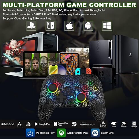 وحدة تحكم arVin Switch، وحدات تحكم لاسلكية للمحترفين للتبديل/Lite/OLED/PS4/PS3/PC/iOS/Android عصا تحكم عن بعد مع 9 ألوان RGB Light/6 محاور جيروسكوبية/اهتزاز/Turbo/مفتاح خلفي، تشغيل ألعاب Xbox Cloud /PS اللعب عن بعد/Steam Link in Kuwait