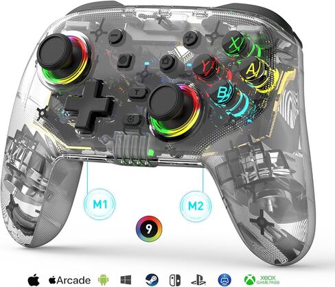 وحدة تحكم arVin Switch، وحدات تحكم لاسلكية للمحترفين للتبديل/Lite/OLED/PS4/PS3/PC/iOS/Android عصا تحكم عن بعد مع 9 ألوان RGB Light/6 محاور جيروسكوبية/اهتزاز/Turbo/مفتاح خلفي، تشغيل ألعاب Xbox Cloud /PS اللعب عن بعد/Steam Link in Kuwait