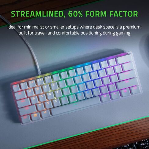 لوحة مفاتيح الألعاب Razer Huntsman Mini 60 بالمائة سلكية بصرية بمفتاح Clicky Switch مع إضاءة خلفية Chroma RGB، وأغطية مفاتيح PBT، ولوحات مفاتيح ميكانيكية للكمبيوتر الشخصي للألعاب، باللون الأبيض الزئبقي (متجدد) in Kuwait