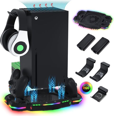 حامل مروحة تبريد ومحطة شحن من Narati لسلسلة Xbox X - حامل LED مع أضواء RGB - بطاريات قابلة لإعادة الشحن بقدرة 1400 مللي أمبير في الساعة - ملحقات قاعدة شحن تبريد مزدوجة مع خطاف سماعة الرأس لسلسلة Xbox X in Saudi Arabia