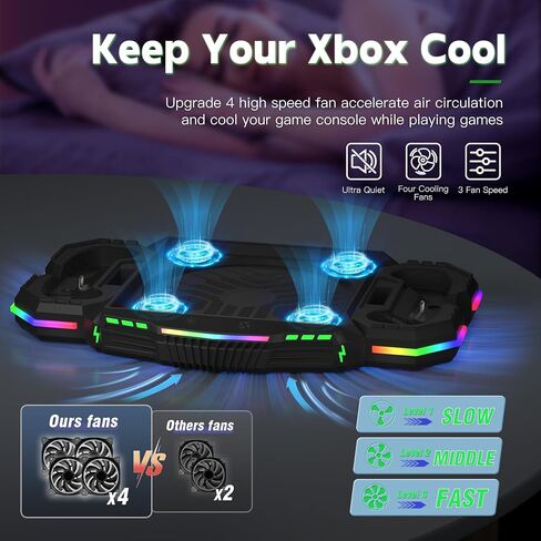 حامل مروحة تبريد ومحطة شحن من Narati لسلسلة Xbox X - حامل LED مع أضواء RGB - بطاريات قابلة لإعادة الشحن بقدرة 1400 مللي أمبير في الساعة - ملحقات قاعدة شحن تبريد مزدوجة مع خطاف سماعة الرأس لسلسلة Xbox X in Saudi Arabia