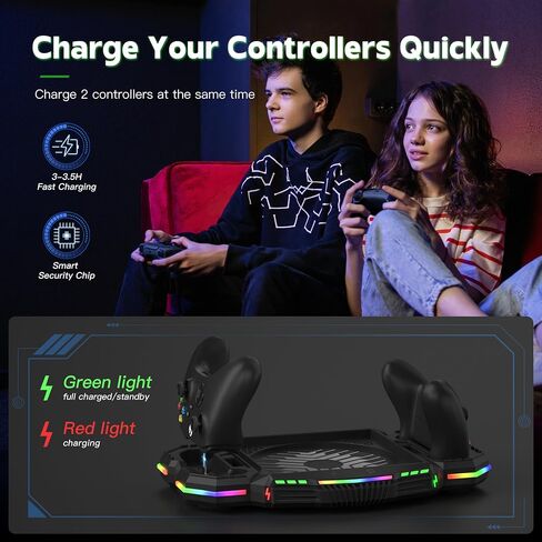 حامل مروحة تبريد ومحطة شحن من Narati لسلسلة Xbox X - حامل LED مع أضواء RGB - بطاريات قابلة لإعادة الشحن بقدرة 1400 مللي أمبير في الساعة - ملحقات قاعدة شحن تبريد مزدوجة مع خطاف سماعة الرأس لسلسلة Xbox X in Saudi Arabia