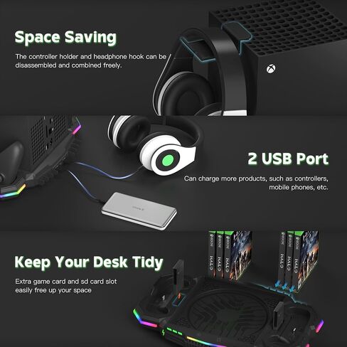 حامل مروحة تبريد ومحطة شحن من Narati لسلسلة Xbox X - حامل LED مع أضواء RGB - بطاريات قابلة لإعادة الشحن بقدرة 1400 مللي أمبير في الساعة - ملحقات قاعدة شحن تبريد مزدوجة مع خطاف سماعة الرأس لسلسلة Xbox X in Saudi Arabia