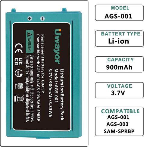 بطارية Uwayor GBA SP، بطارية بديلة بقدرة 900 مللي أمبير في الساعة لجهاز Nintendo Gameboy Advance SP مع مجموعة أدوات in Kuwait