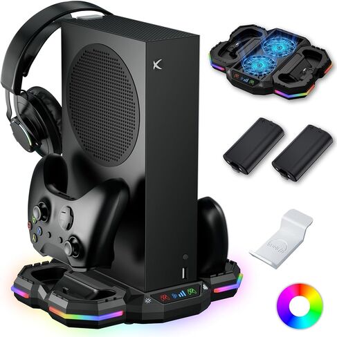 Cooling Stand & Controller Charging Station for Xbox Series S with 13 RGB Light Mode, ZAONOOL Dual Charger Dock & Cooler Fan with 2*1400mAh Rechargeable Battery and Headset Hook for Xbox S Accessories in Kuwait