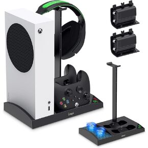 حامل مروحة تبريد مطور من Auarte لوحدة تحكم Xbox Series S، قاعدة شحن مزدوجة لوحدة التحكم اللاسلكية مع حزمتين من البطاريات القابلة لإعادة الشحن بقدرة 1400 مللي أمبير في الساعة، حامل سماعة رأس لسلسلة Xbox S، أسود in Kuwait