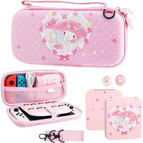 Pink Carrying Case Bundle for Nintendo Switch & OLED Modle, Cute Anime Switch Travel Case with Bunny, Portable Carrying Accessories Kit with Shoulder Strap, Game Card Case, Thumb Grip Caps