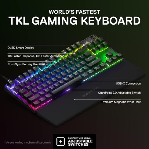 New SteelSeries Apex Pro TKL 2023 Ed. - أسرع لوحة مفاتيح ميكانيكية للألعاب في العالم - تشغيل قابل للتعديل - Esports Tenkeyless - شاشة OLED - RGB - أغطية مفاتيح PBT - USB-C (متجدد) in Kuwait