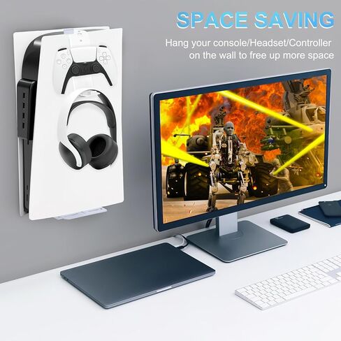 حامل حائط Allnice PS5، دعامة حائط لجهاز PlayStation 5 (القرص والإصدار الرقمي) دعامة تثبيت على الحائط PS5 Playstation 5 من الفولاذ القوي مع حامل وحدة التحكم وإسفنجة شماعات سماعة الرأس (أبيض) in Kuwait