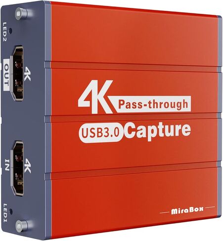 بطاقة التقاط فيديو Mirabox USB3.0 4K HDMI، وصلة كاميرا جهاز التقاط الألعاب عالية الدقة 1080P 60FPS HD مع ممر HDMI يعمل مع Xbox PS5 PS4 Switch DSLR لبث مباشر وتسجيل OBS Twitch (برتقالي) in Kuwait