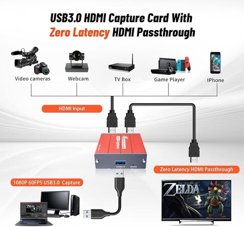 بطاقة التقاط فيديو Mirabox USB3.0 4K HDMI، وصلة كاميرا جهاز التقاط الألعاب عالية الدقة 1080P 60FPS HD مع ممر HDMI يعمل مع Xbox PS5 PS4 Switch DSLR لبث مباشر وتسجيل OBS Twitch (برتقالي) in Kuwait