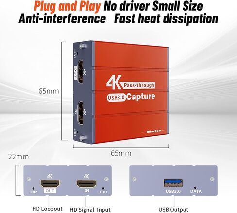 بطاقة التقاط فيديو Mirabox USB3.0 4K HDMI، وصلة كاميرا جهاز التقاط الألعاب عالية الدقة 1080P 60FPS HD مع ممر HDMI يعمل مع Xbox PS5 PS4 Switch DSLR لبث مباشر وتسجيل OBS Twitch (برتقالي) in Kuwait