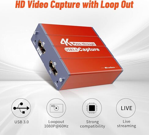 بطاقة التقاط فيديو Mirabox USB3.0 4K HDMI، وصلة كاميرا جهاز التقاط الألعاب عالية الدقة 1080P 60FPS HD مع ممر HDMI يعمل مع Xbox PS5 PS4 Switch DSLR لبث مباشر وتسجيل OBS Twitch (برتقالي) in Kuwait
