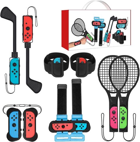 حزمة ملحقات سويتش الرياضية - حزمة عائلية 10 في 1 مجموعة ملحقات نينتندو سويتش 2022 ماريو جوي كون لنوادي الجولف للتبديل وأشرطة المعصم والساق وحقيبة قبضة مريحة ومضارب تنس in Kuwait