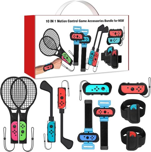 حزمة ملحقات سويتش الرياضية - حزمة عائلية 10 في 1 مجموعة ملحقات نينتندو سويتش 2022 ماريو جوي كون لنوادي الجولف للتبديل وأشرطة المعصم والساق وحقيبة قبضة مريحة ومضارب تنس in Kuwait