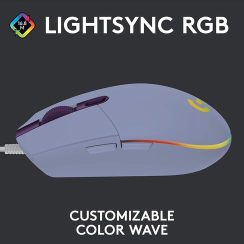 ماوس ألعاب سلكي من لوجيتك G203، 8000 نقطة في البوصة، تأثير بصري قوس قزح LIGHTSYNC RGB، 6 أزرار قابلة للبرمجة، ذاكرة على اللوحة، رسم خرائط الشاشة، متوافق مع أجهزة الكمبيوتر الشخصية/Mac والكمبيوتر المحمول - أبيض (متجدد) in Kuwait