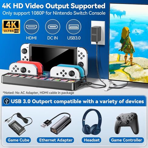 Switch Docking Station for TV and Joycon Controller Charger Compatible with Nintendo Switch, Switch Game Accessories Support 4k HD Video 1080P, Switch Charging Dock Station with 10 Game Slots, White in Kuwait