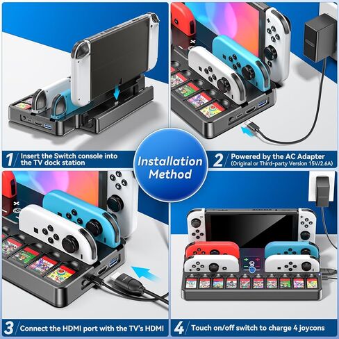 Switch Docking Station for TV and Joycon Controller Charger Compatible with Nintendo Switch, Switch Game Accessories Support 4k HD Video 1080P, Switch Charging Dock Station with 10 Game Slots, White in Kuwait