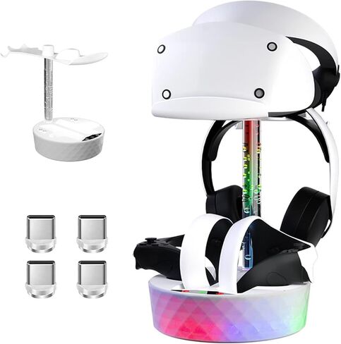 محطة شحن TULIADU لجهاز PS VR2 مع ضوء RGB، قاعدة شحن عمودية تدعم عرض سماعة الرأس، 4 محولات مغناطيسية من النوع C لوحدة التحكم بالحواس in Kuwait