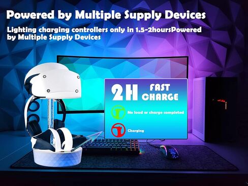 محطة شحن TULIADU لجهاز PS VR2 مع ضوء RGB، قاعدة شحن عمودية تدعم عرض سماعة الرأس، 4 محولات مغناطيسية من النوع C لوحدة التحكم بالحواس in Kuwait