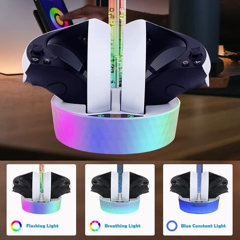 محطة شحن TULIADU لجهاز PS VR2 مع ضوء RGB، قاعدة شحن عمودية تدعم عرض سماعة الرأس، 4 محولات مغناطيسية من النوع C لوحدة التحكم بالحواس in Kuwait