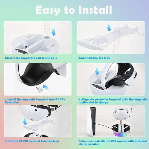 محطة شحن TULIADU لجهاز PS VR2 مع ضوء RGB، قاعدة شحن عمودية تدعم عرض سماعة الرأس، 4 محولات مغناطيسية من النوع C لوحدة التحكم بالحواس in Kuwait