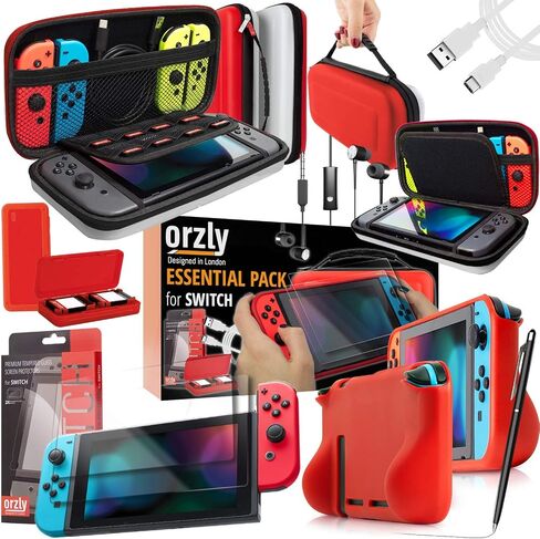 حزمة ملحقات Orzly Switch - حقيبة حمل لوحدة تحكم Nintendo Switch، واقيات شاشة من الزجاج المقوى، كابل شحن USB، حقيبة ألعاب Switch، حقيبة قبضة مريحة وسماعات الرأس - POKE in Kuwait