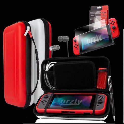 حزمة ملحقات Orzly Switch - حقيبة حمل لوحدة تحكم Nintendo Switch، واقيات شاشة من الزجاج المقوى، كابل شحن USB، حقيبة ألعاب Switch، حقيبة قبضة مريحة وسماعات الرأس - POKE in Kuwait