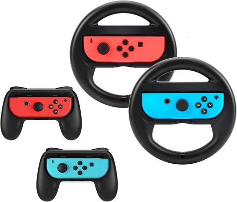 عجلة القيادة ومقابض Beastron Racing Games المتوافقة مع Switch، وعجلة القيادة ومقابض Joy-Con، باللون الأسود، 4 قطع in Kuwait