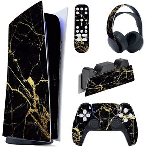PlayVital Black & Gold Marble Effect Full Set Skin Decal for ps5 Console Digital Edition, Sticker Vinyl Decal Cover for ps5 Controller & Charging Station & Headset & Media Remote