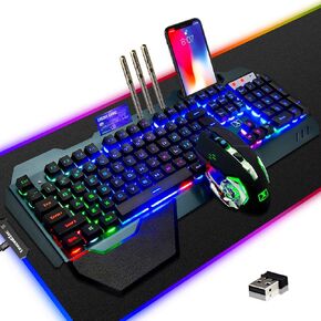 Wireless Gaming Keyboard Mouse & Mouse Pad Combo,3 in 1 Rainbow Backlit Rechargeable Keyboard with 3800mAh Battery Metal Panel Removable Hand Rest,RGB Gaming Mouse Pad(32.5x12 inch),Mute Gaming Mice in Kuwait