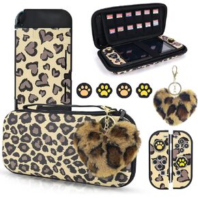 DLseego Brown Love Leopard Carrying Case for Switch, Cute Silicone Protective Case Soft Cover with 4PCS Thumb Grip Caps and Brown Plush Heart Pendant Hard Storage Case Accessories Kit Bundle for Girls