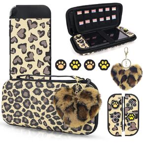 DLseego Brown Love Leopard Carrying Case for Switch OLED, Cute Silicone Protective Soft Cover with 4PCS Thumb Grip Caps and Brown Plush Heart Pendant Hard Storage Case Accessories Kit Bundle for Girls